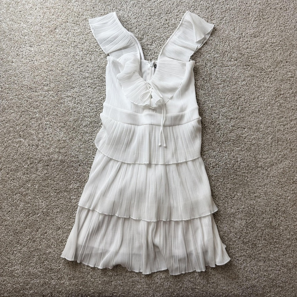 Express Dress Womens XS White Pleated Ruffle V Neck Tiered Chiffon Sundress